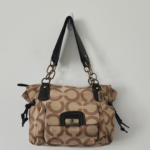 Coach Kristi Siganature Ott Hobo Bag Tan and Black Shoulder Bag - Picture 1 of 16